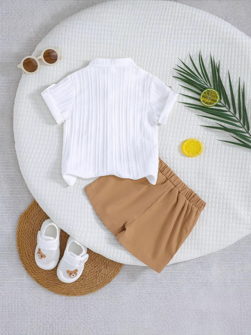 Imported Baby Boy Spring Summer Two-Piece Set – White Striped Shirt & Khaki Shorts