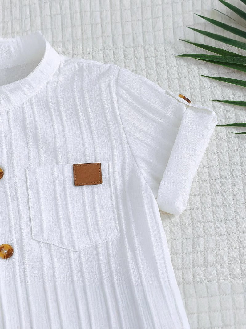 Imported Baby Boy Spring Summer Two-Piece Set – White Striped Shirt & Khaki Shorts