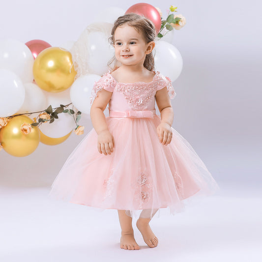 Imported 🎀 Baby Girl Off-Shoulder Dress – Fluffy Beaded Flower Dress with Bow