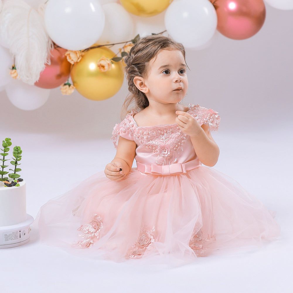 Imported 🎀 Baby Girl Off-Shoulder Dress – Fluffy Beaded Flower Dress with Bow