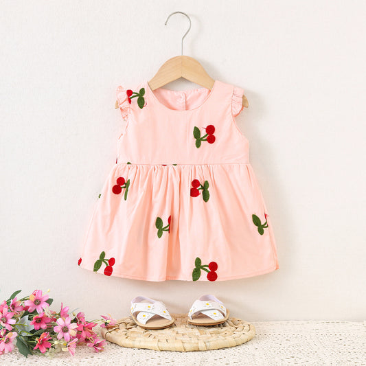 Imported 🍒 Baby Girls’ Sleeveless Cherry Embroidered Cotton Dress – Summer New Arrival