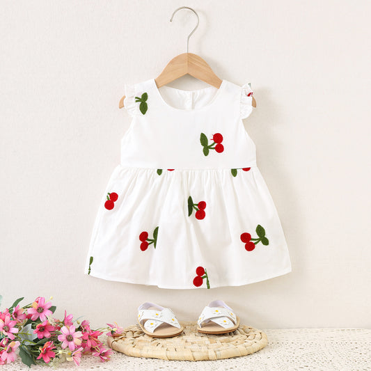 Imported 🍒 Baby Girls’ Sleeveless Cherry Embroidered Cotton Dress – Summer New Arrival