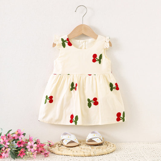 Imported 🍒 Baby Girls’ Sleeveless Cherry Embroidered Cotton Dress – Summer New Arrival