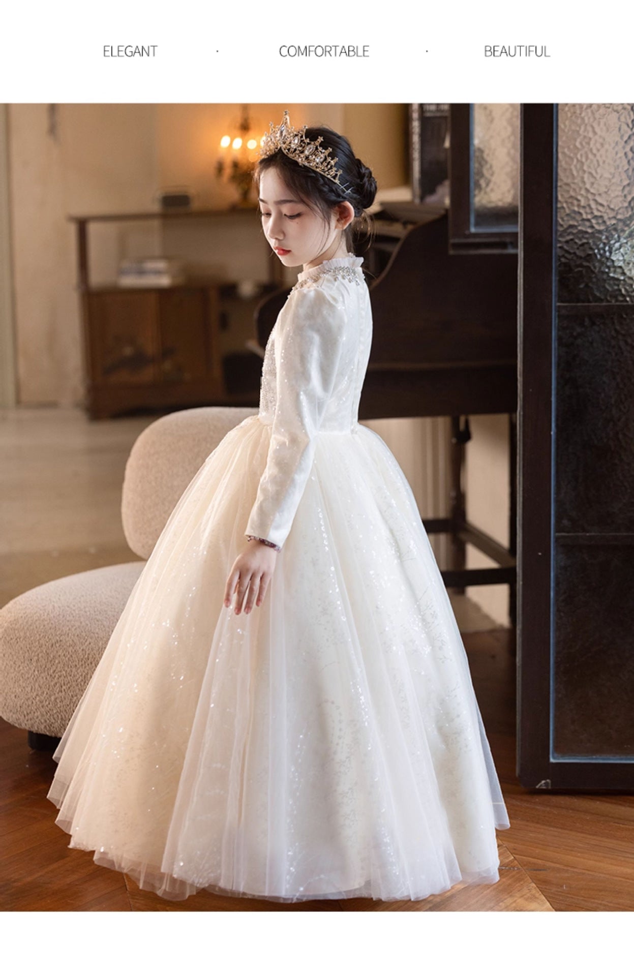 Imported ✨ Champagne Color Girls’ Runway Princess Dress – Tulle Performance Outfit