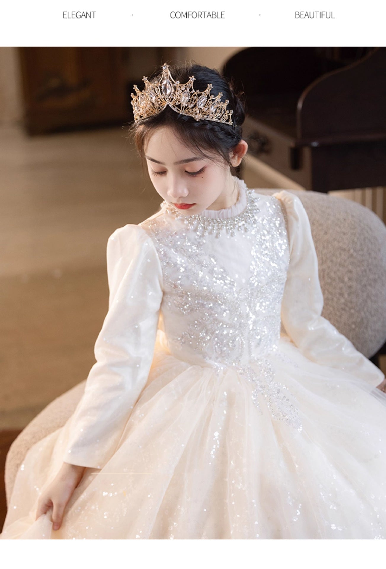 Imported ✨ Champagne Color Girls’ Runway Princess Dress – Tulle Performance Outfit