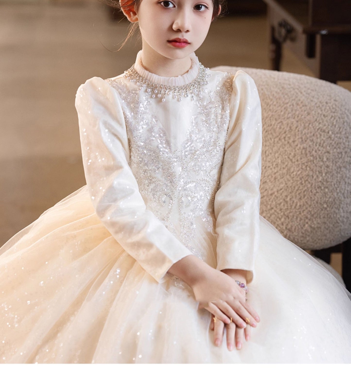 Imported ✨ Champagne Color Girls’ Runway Princess Dress – Tulle Performance Outfit