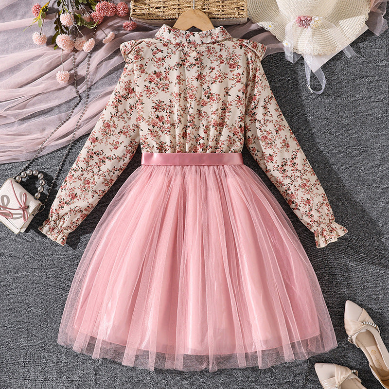 Imported 🌸 Girls’ Autumn Floral Mesh Princess Dress – Long Sleeve Collared Waist-Fit Design
