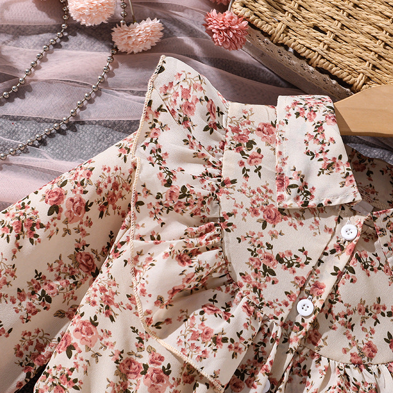 Imported 🌸 Girls’ Autumn Floral Mesh Princess Dress – Long Sleeve Collared Waist-Fit Design