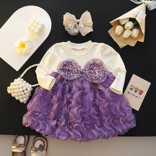 Imported 🎀 Girls' Autumn Pink Mesh Tutu Dress – Long Sleeve Princess Style