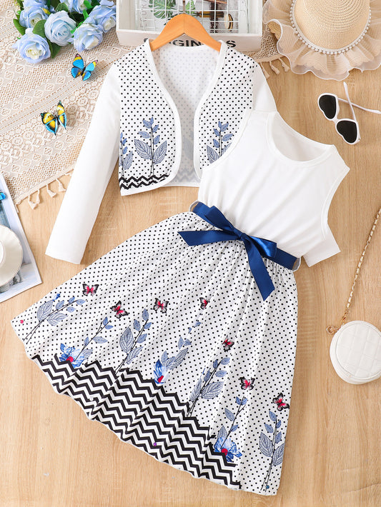 Imported 🤍 Girls’ Autumn Two-Piece Dress Set – White Vest Dress with Polka Dot Long Sleeve Outer