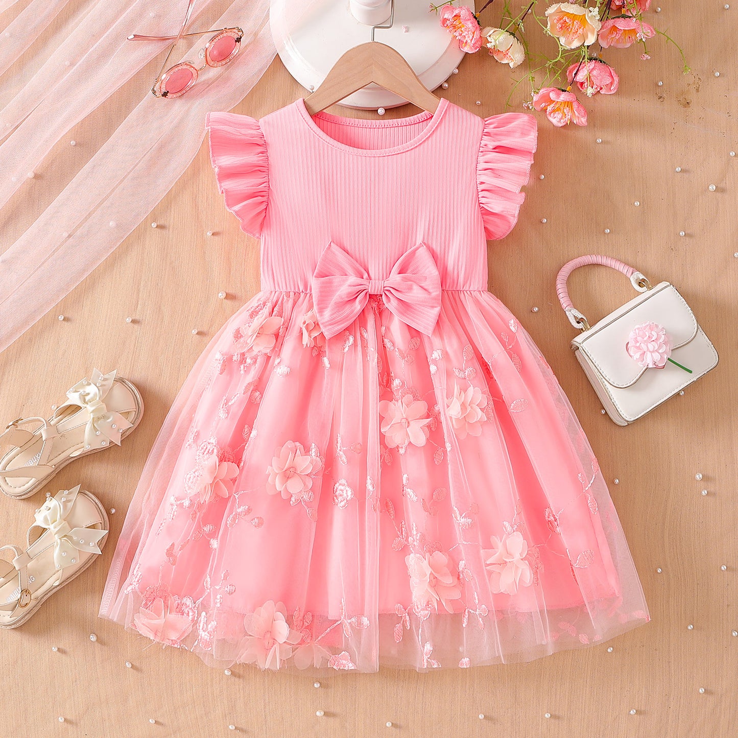 Imported 🌸 Girls’ Floral Embroidered Mesh Dress – Flutter Sleeve Toddler Princess Dress with Bow