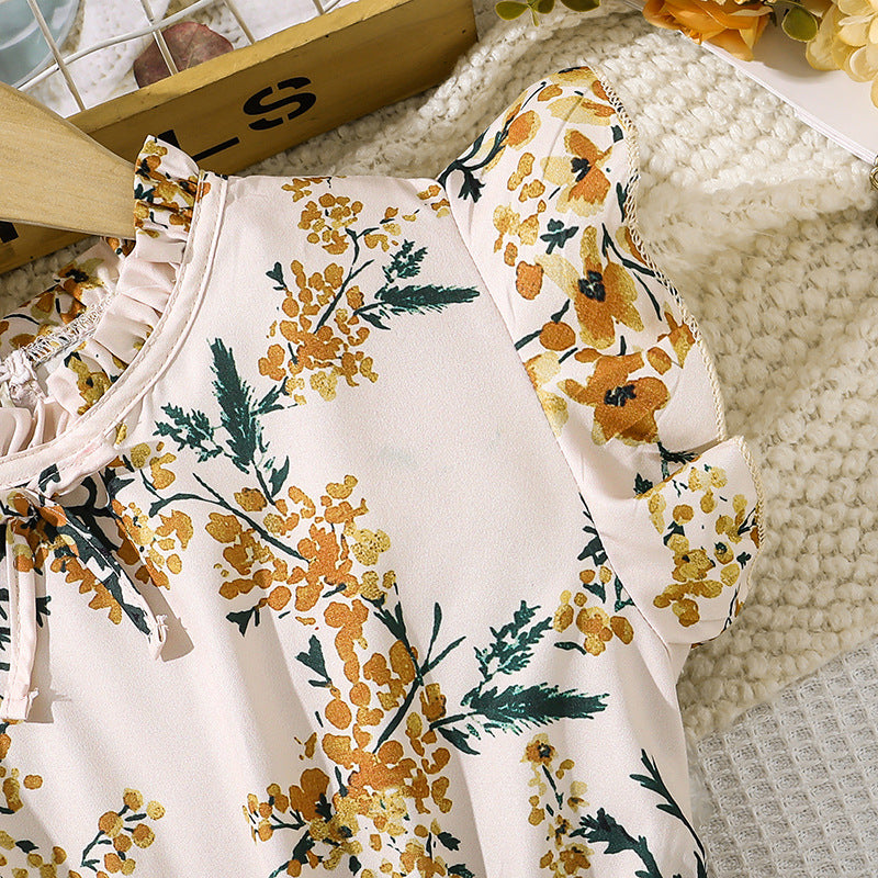 Imported 🌸 Girls’ French Retro Printed Pleated Dress – Summer Flying Sleeve Princess Dress