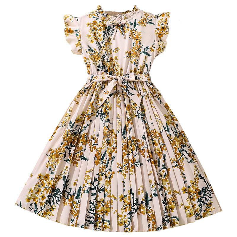 Imported 🌸 Girls’ French Retro Printed Pleated Dress – Summer Flying Sleeve Princess Dress