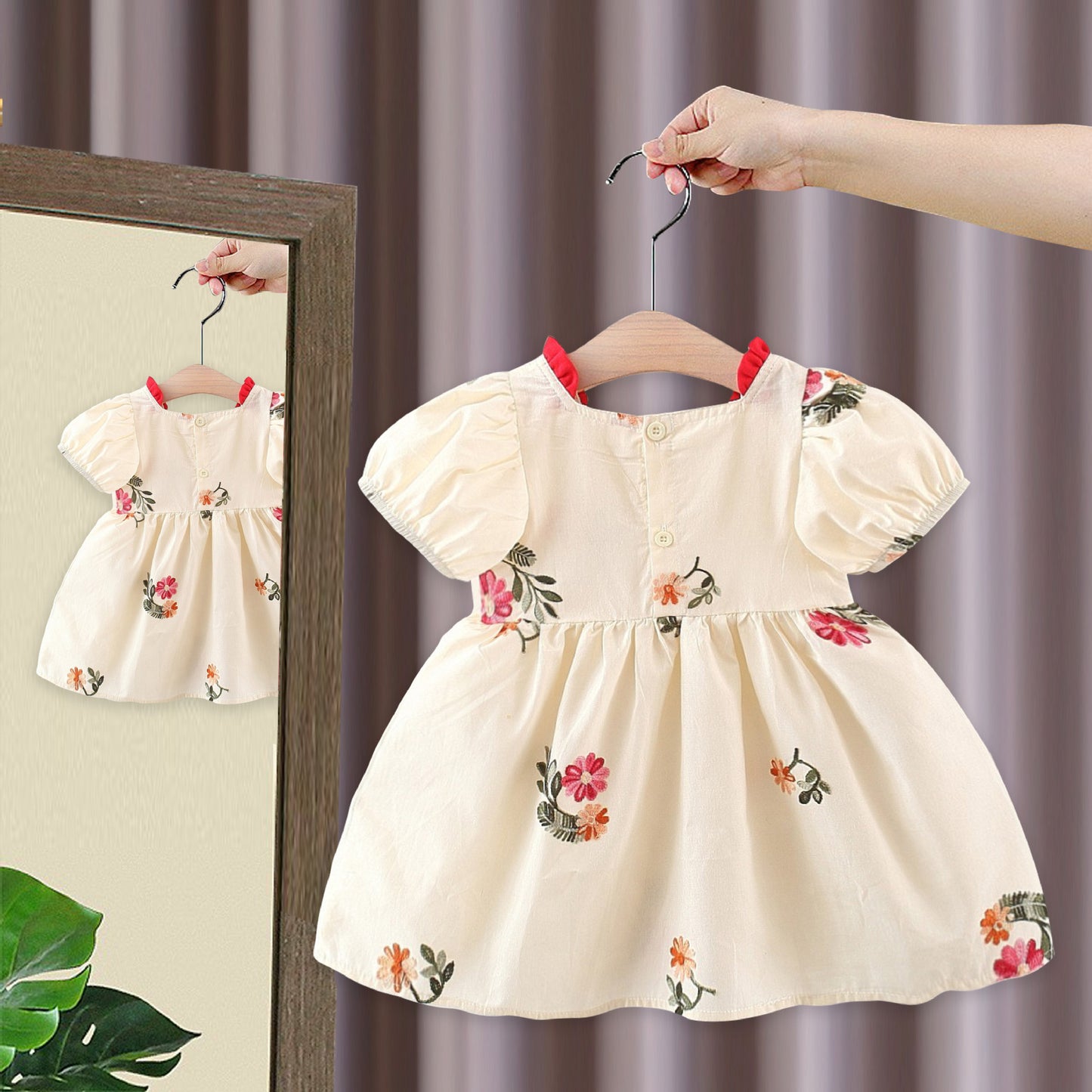 Imported 🌼 Girls’ Korean Style Beige Cotton Embroidered Dress – Summer Princess Outfit