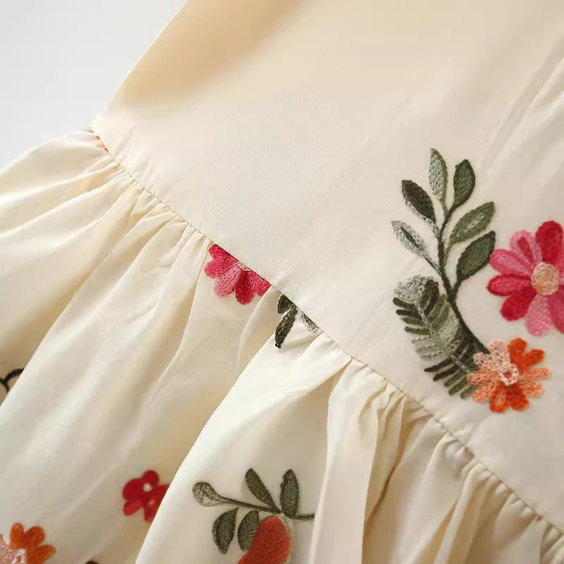 Imported 🌼 Girls’ Korean Style Beige Cotton Embroidered Dress – Summer Princess Outfit