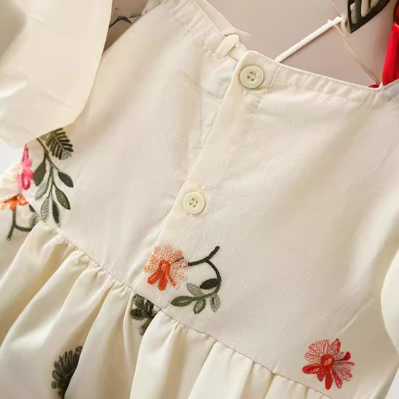 Imported 🌼 Girls’ Korean Style Beige Cotton Embroidered Dress – Summer Princess Outfit