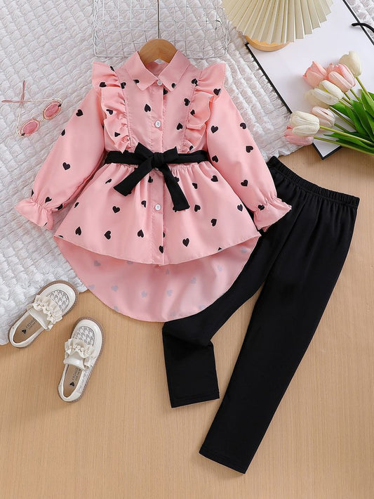 Imported 👗 Girls’ Long Shirt Dress With Belt & Leggings – Spring & Autumn Fashion Set
