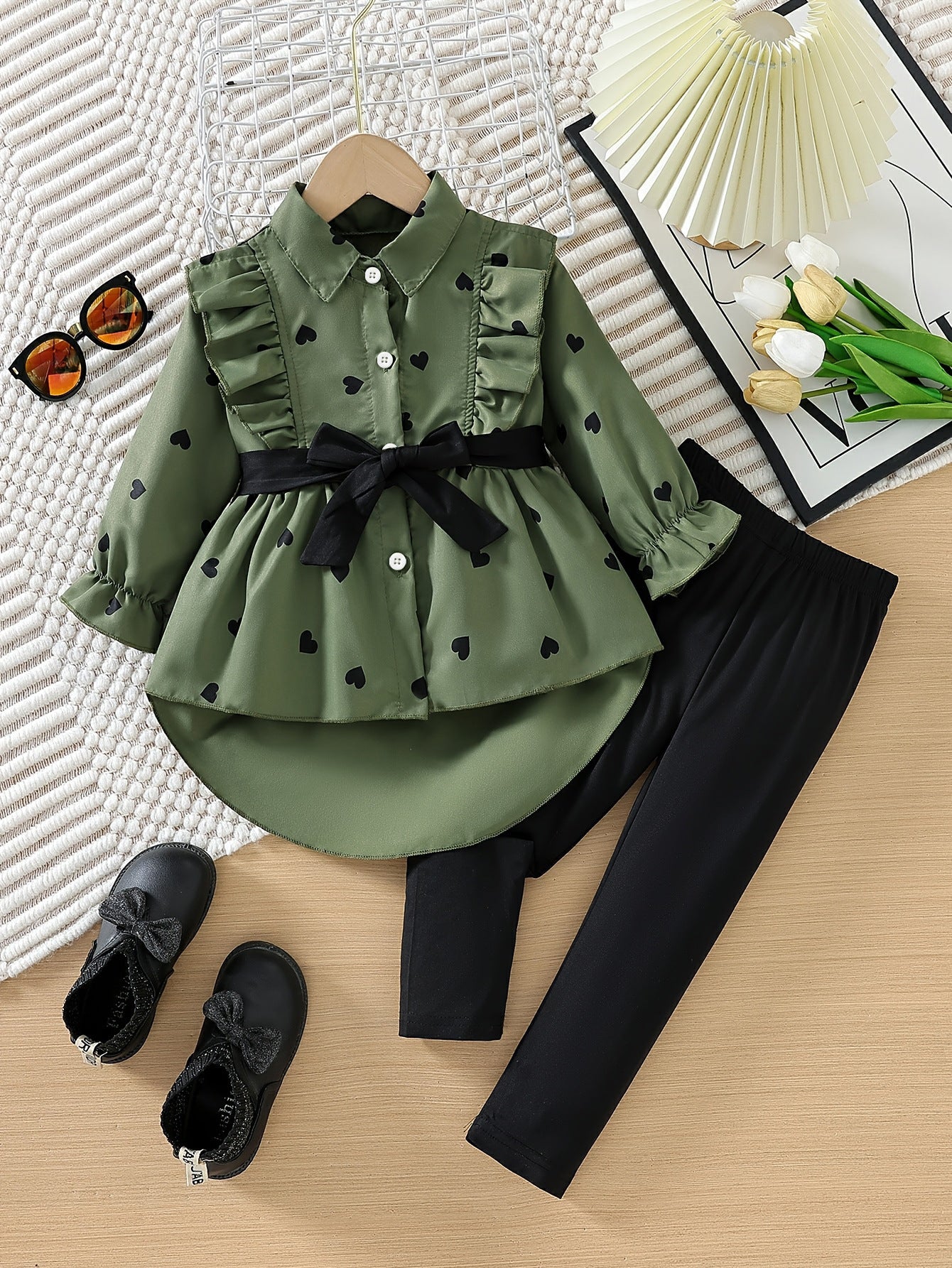 Imported 👗 Girls’ Long Shirt Dress With Belt & Leggings – Spring & Autumn Fashion Set