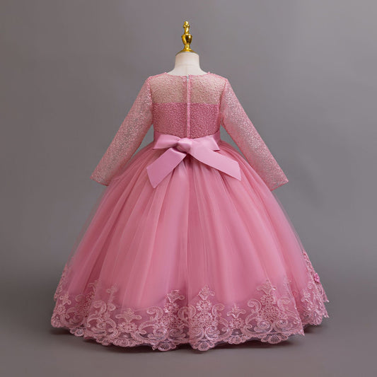 Imported ✨ Girls’ Long-Sleeve Lace Princess Dress – Wedding & Birthday Flower Girl Dress