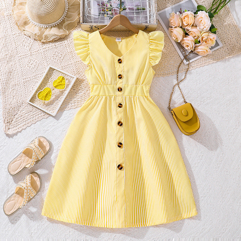 Imported🌈 Girls’ Striped Flutter Sleeve Princess Dress – Summer Fashion