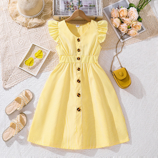 Imported🌈 Girls’ Striped Flutter Sleeve Princess Dress – Summer Fashion