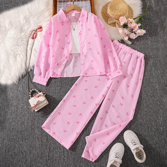 Imported 👕 Kids’ Autumn Striped Bow Shirt & Trousers Set – Long Sleeve Two-Piece Outfit
