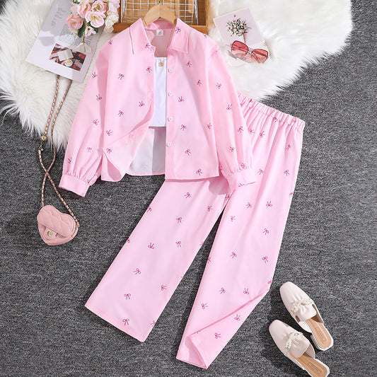 Imported 👕 Kids’ Autumn Striped Bow Shirt & Trousers Set – Long Sleeve Two-Piece Outfit