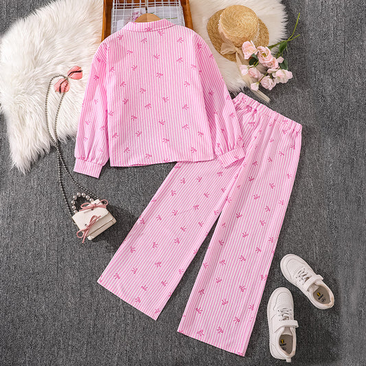 Imported 👕 Kids’ Autumn Striped Bow Shirt & Trousers Set – Long Sleeve Two-Piece Outfit