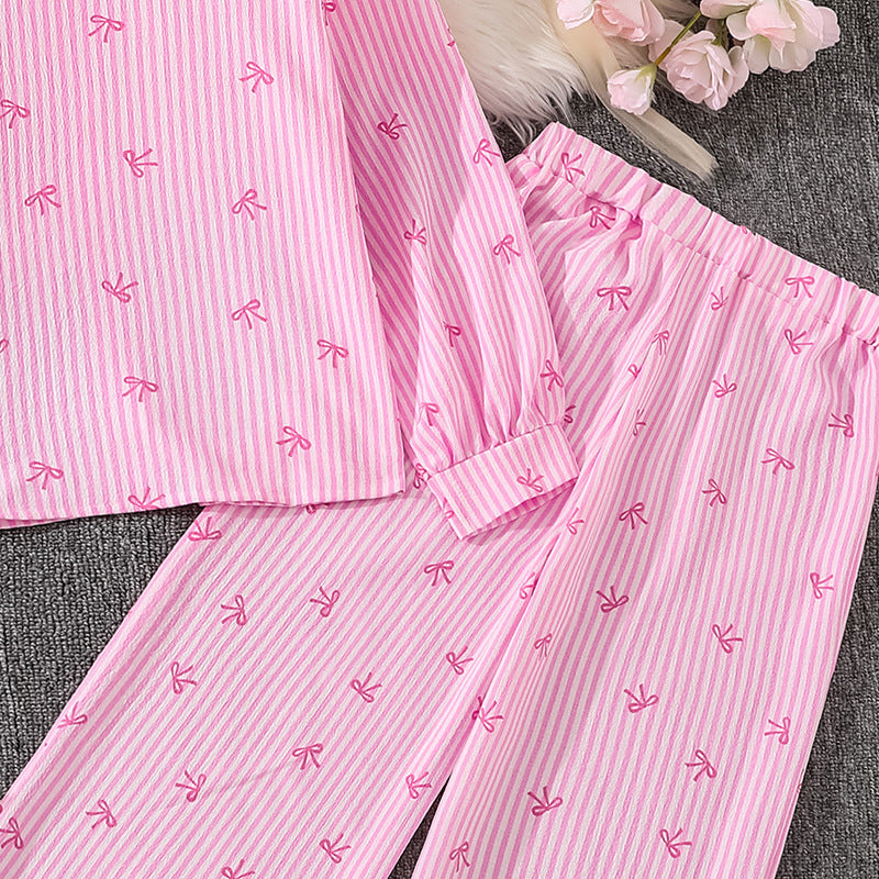 Imported 👕 Kids’ Autumn Striped Bow Shirt & Trousers Set – Long Sleeve Two-Piece Outfit