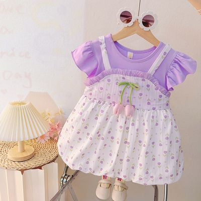 Imported🌼 Summer Cartoon Dress – Faux Two-Piece Floral Outfit For Girls