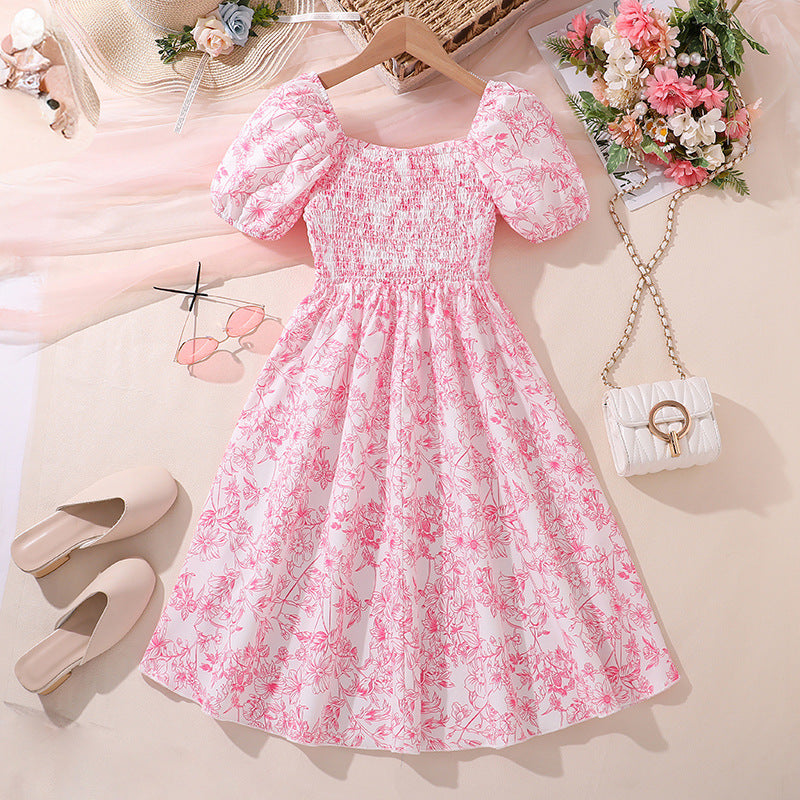 Imported 🌸Summer New French Floral Puff Sleeve Princess Dress For Girls – Elegant Waist Design