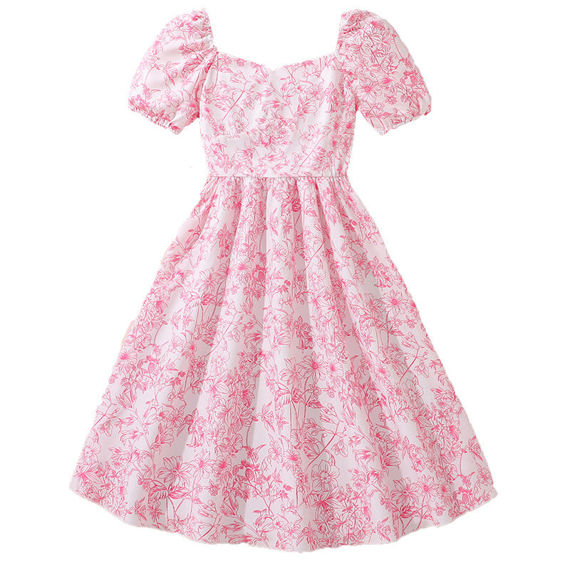 Imported 🌸Summer New French Floral Puff Sleeve Princess Dress For Girls – Elegant Waist Design