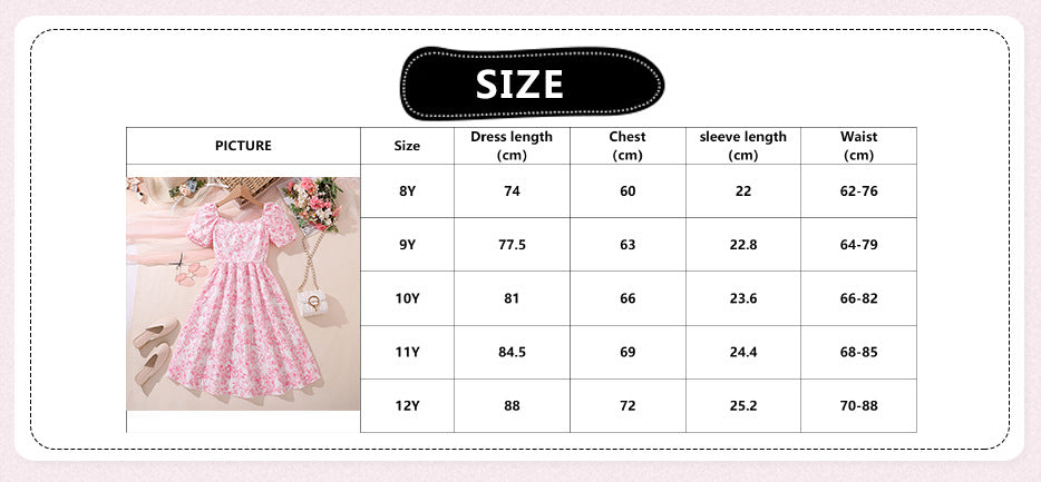 Imported 🌸Summer New French Floral Puff Sleeve Princess Dress For Girls – Elegant Waist Design