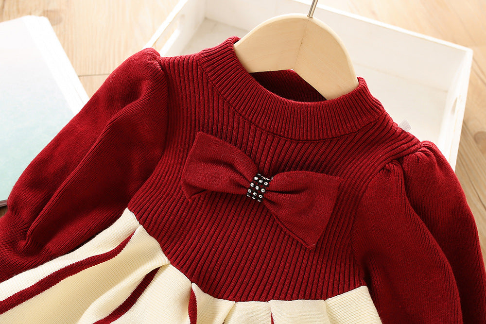 Imported ❄️ Winter Girls’ Knitted Bow Dress – Korean Style with Puff Sleeves