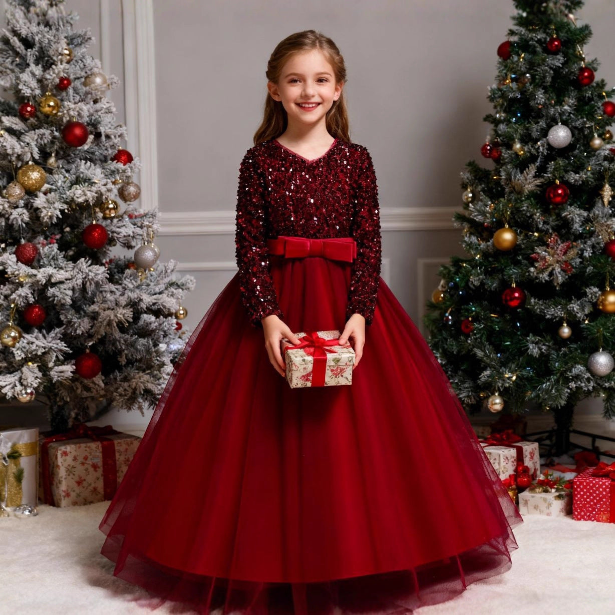New Style Girls' Evening Dress, Children's Banquet Dress, Long-Sleeved Dress For Middle And Large Children, Sequined Long Dress For Girls Wholesale