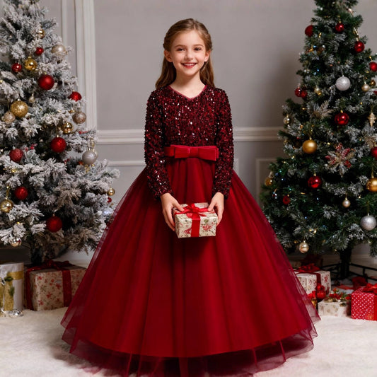 New Style Girls' Evening Dress, Children's Banquet Dress, Long-Sleeved Dress For Middle And Large Children, Sequined Long Dress For Girls Wholesale