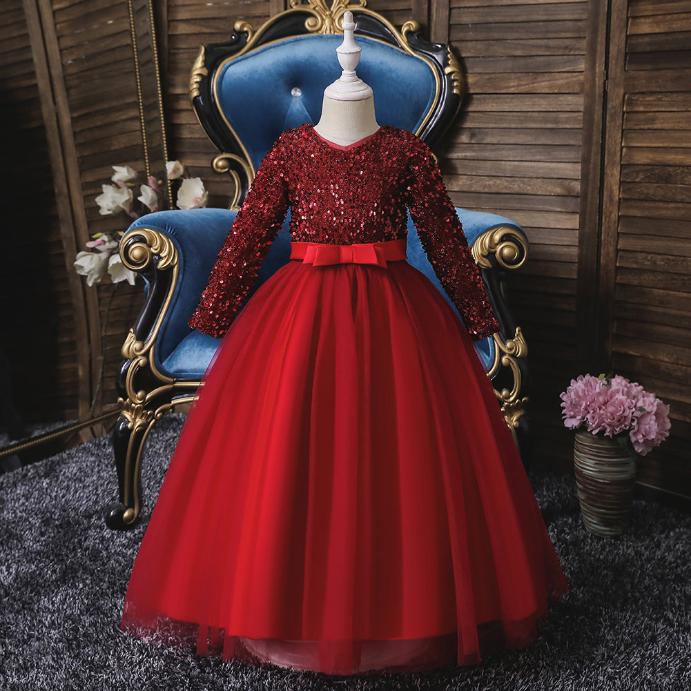New Style Girls' Evening Dress, Children's Banquet Dress, Long-Sleeved Dress For Middle And Large Children, Sequined Long Dress For Girls Wholesale