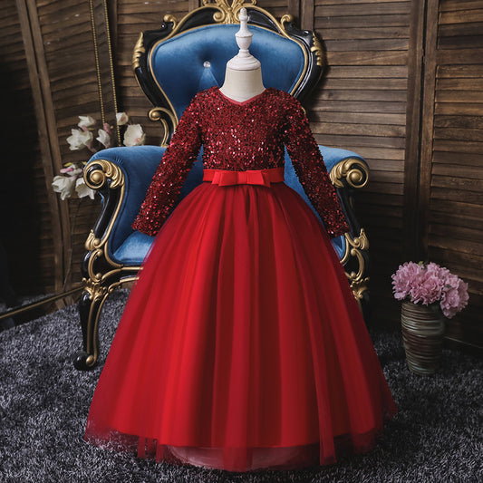 New Style Girls' Evening Dress, Children's Banquet Dress, Long-Sleeved Dress For Middle And Large Children, Sequined Long Dress For Girls Wholesale