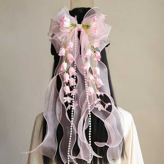 Lily of the Valley Princess Style Lolita Tutu Dress with Oversized Bow Hair Accessory, Spring/Summer Mori Girl Fresh Headwear